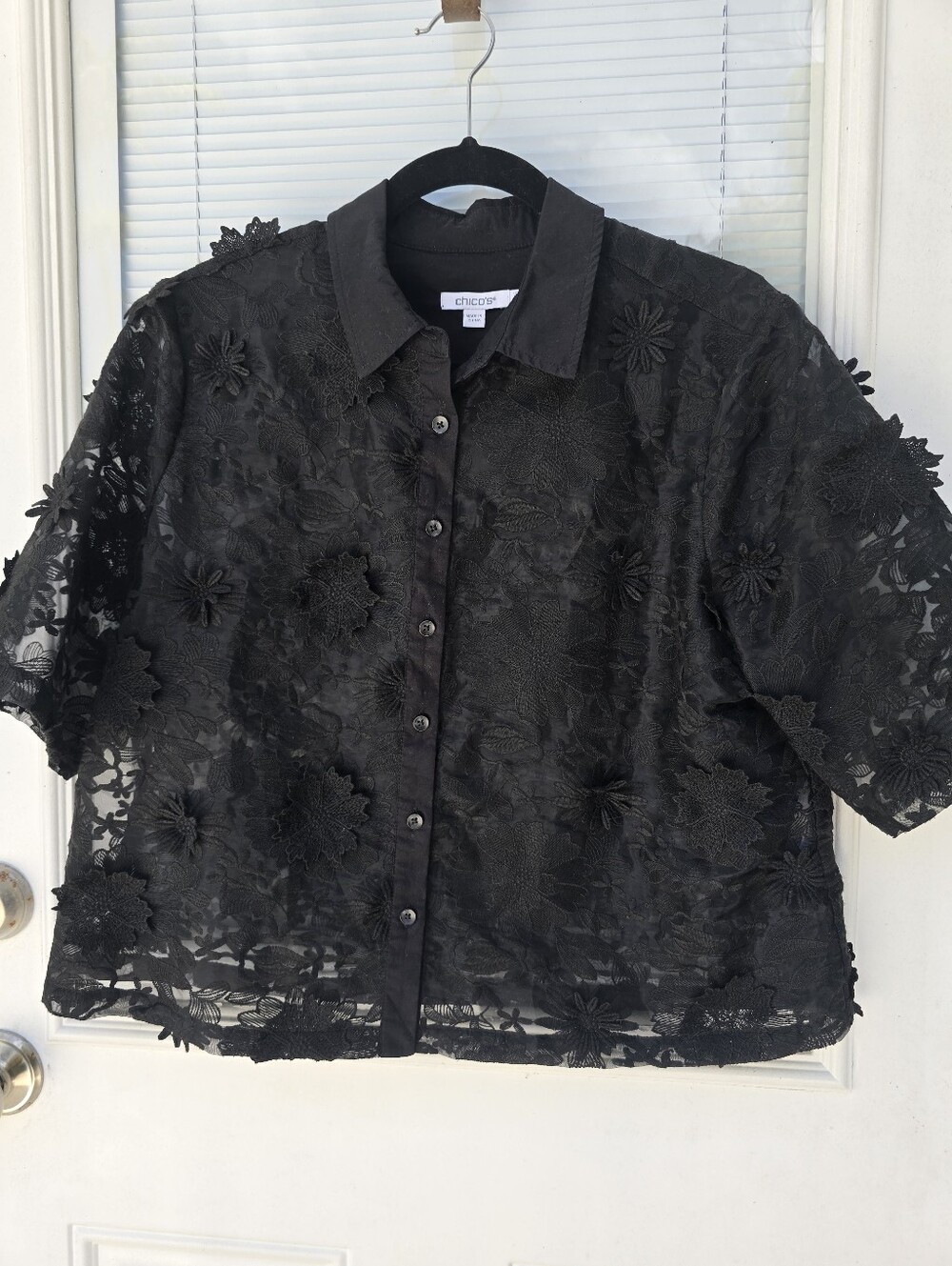 Chico's Black Floral Lace Button-Down Shirt Sheer